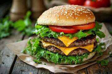 Juicy double cheeseburger stacked with fresh ingredients on a rustic wooden table