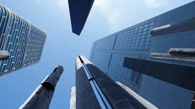 Looking Up At Tall Buildings Through Wooden Art Pieces In Sydney, CBD, Australia - Low Angle