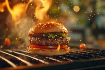 Grilled burger with flames and smoke at a summer barbecue in an outdoor kitchen setting