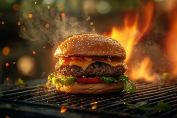 Juicy burger cooking on a grill with flames and smoke in a backyard setting during a summer evening