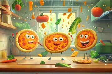 Cartoon pizzas celebrate in a lively kitchen filled with colorful vegetables and ingredients during a fun cooking moment