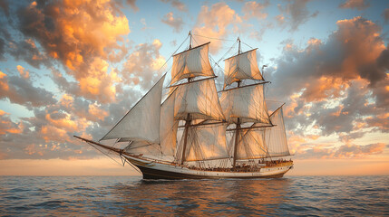 Sailing ship at sunset, ocean voyage, dramatic sky, travel photography