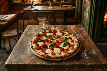 Freshly made pizza margherita served at a rustic restaurant during the evening