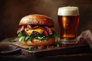Painting of a gourmet cheeseburger with crispy bacon and chilled beer on wooden board