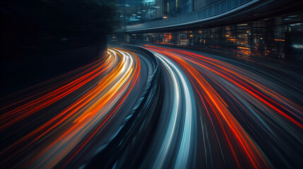 Night cityscape with vibrant light trails of speeding cars on a curved highway, showcasing dynamic movement and urban energy at night