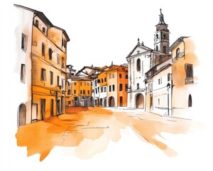 Fototapeta premium Watercolor Sketch of a Charming European Town Square