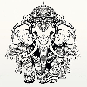 Traditional madhubani style from India black and white illustration of an elephant on a white background.