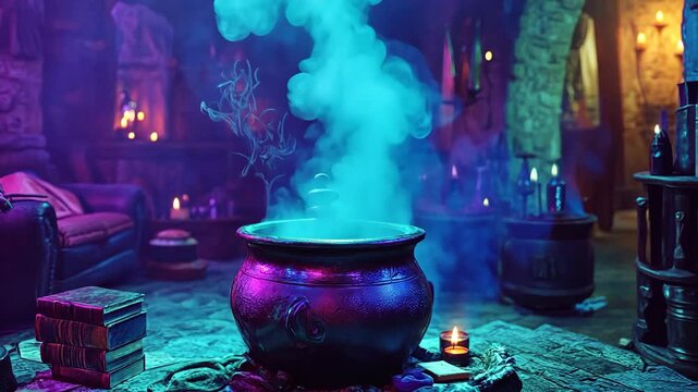 Witch's potion brewing in a mystical cellar filled with candles and ancient books