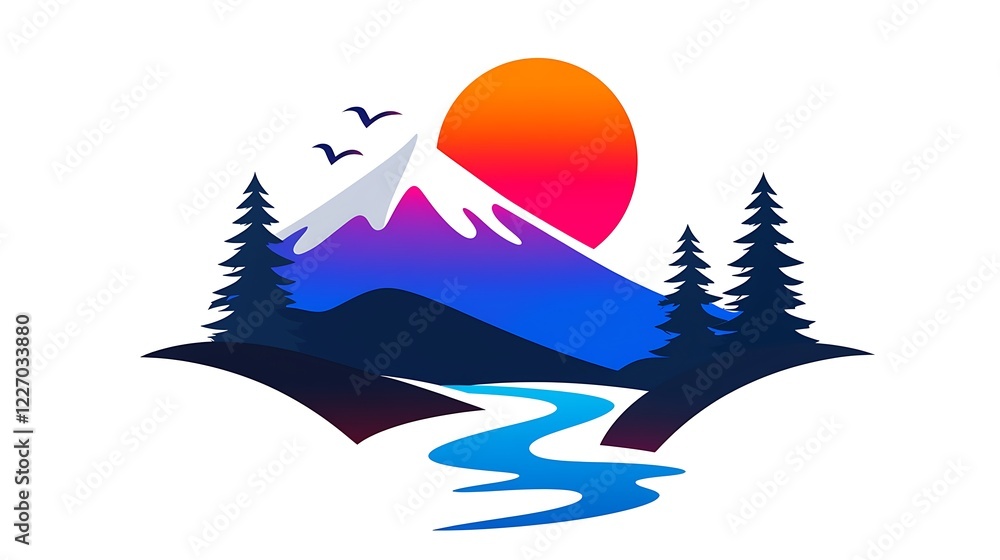 Wall mural Serene Mountain Landscape at Sunset with River and Birds