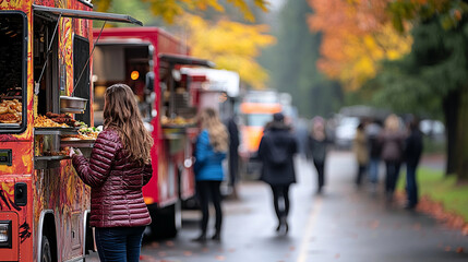 Autumn food truck festival, woman buying snacks, park background, event promotion