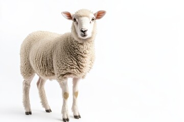 Fototapeta premium Fluffy sheep posing against white backdrop.