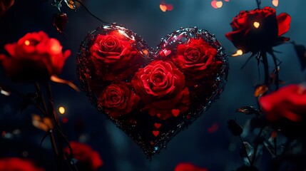 Romantic Red Roses: Heart-Shaped Center, Elegant Blooms, Valentine's Day, Love, Passion, Floral Design, Botanical Illustration, Wedding Invitation,   