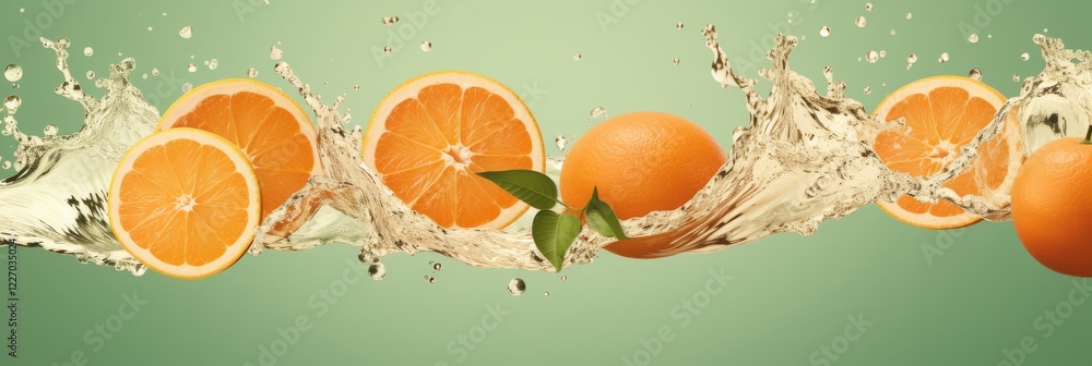 Poster slices of orange create splashes in refreshing water on a soft green background. generative ai