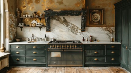Cozy farmhouse kitchen featuring plants, vintage decor, and a classic stove.