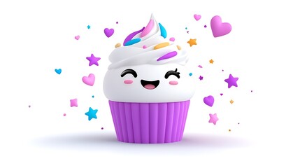 Smiling Cartoon Cupcake with Pastel Frosting and Confetti