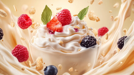 Yoghurt drink or milk swirl and wave splash with berries, realistic vector. Strawberry, raspberry and blackberry, blueberry and green leaves in milky wave splash for cream milkshake or yogurt drink