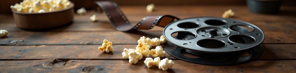 A vintage film reel and popcorn create a nostalgic movie night atmosphere.
