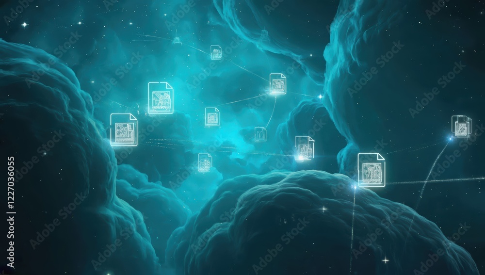Poster digital documents are transferring wirelessly between nodes in a vast, ethereal network, resembling 