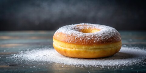Delicious donut with a generous helping of sweet icing sugar on top, perfectly balanced and inviting to take a bite, food, dessert