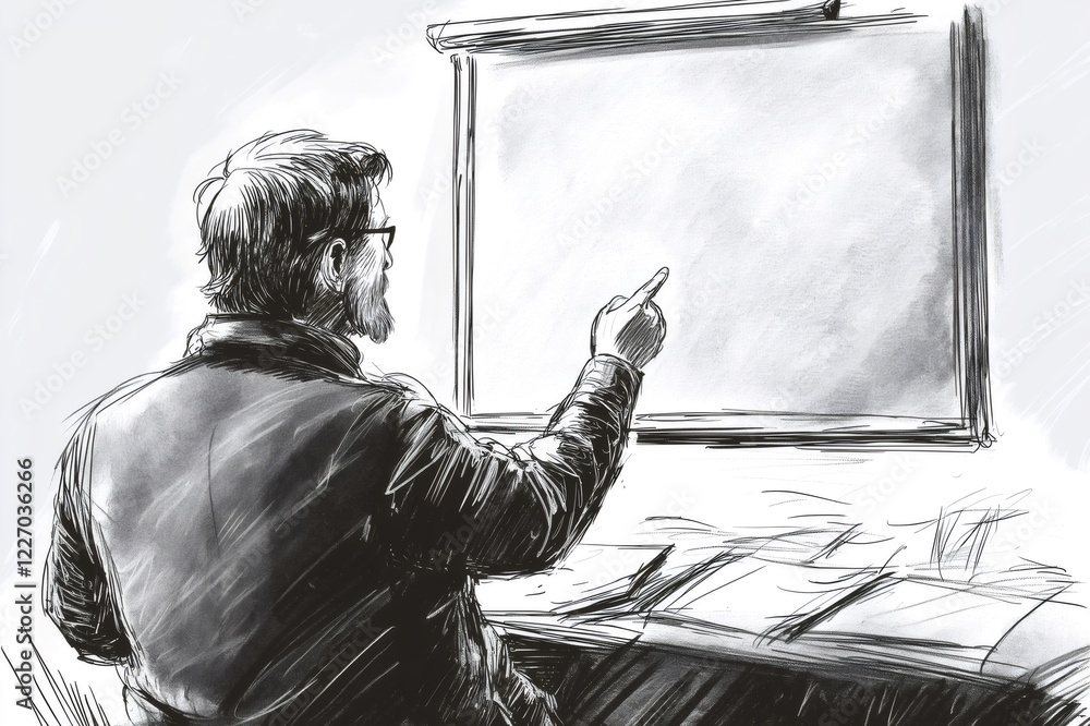 Poster bearded professor passionately explaining concepts while pointing at a whiteboard in a vibrant class
