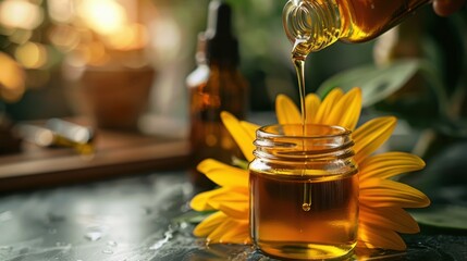 Obraz premium Sunflower Oil: A light, neutral oil high in Vitamin E, commonly used for frying and cooking, while also serving as a moisturizer for dry skin. 
