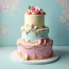 Beautifully decorated three-tier cake with floral accents and pastel colors.