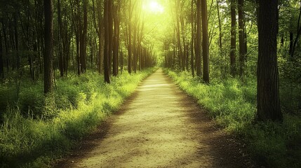 Obraz premium Golden sunlight illuminates a tranquil forest path, evoking peace and natural harmony.