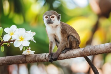 Naklejka premium Squirrel monkey perched on a branch surrounded by tropical flowers in a serene outdoor setting