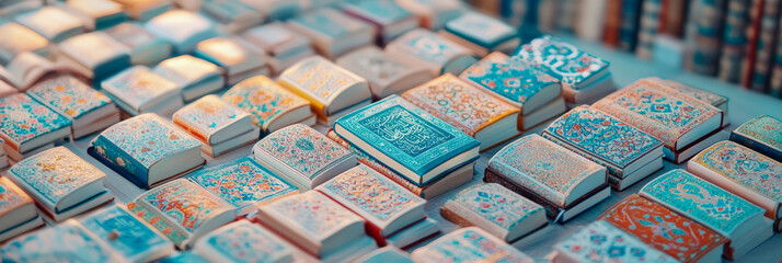 Obraz premium Miniature Books with Intricate Designs: A Colorful Collection of Islamic Texts
