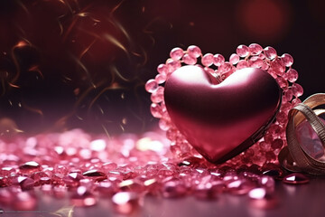 Obraz premium Romantic heart candies border on pink backdrop for valentine's day. Pink hearts on a wooden table against a light defocused bokeh background. Love, Valentine's Day concept.