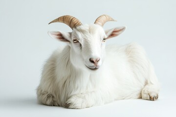Fototapeta premium Serene white goat resting on white background.