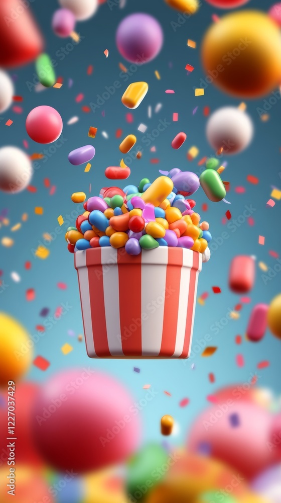 Poster colorful image of a candy bucket with a variety of candies inside. the candies are scattered all ove