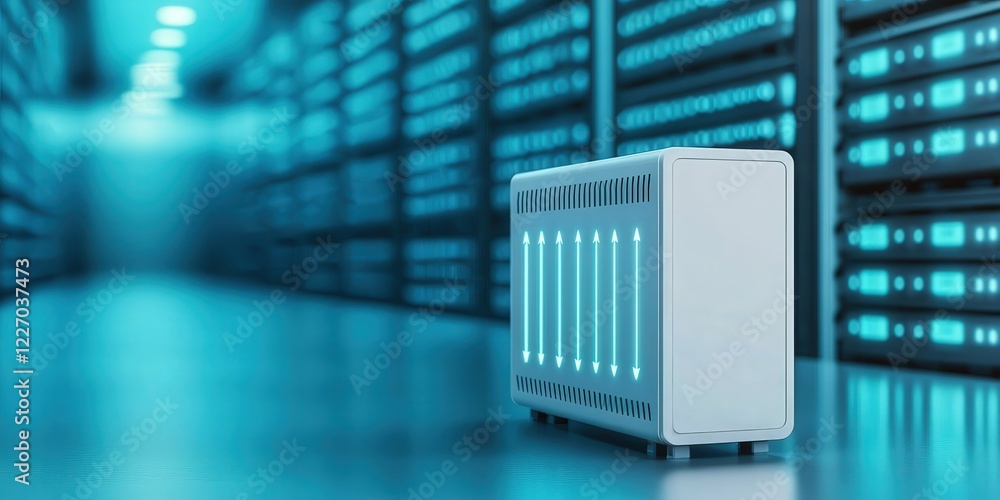 Aufkleber battery storage innovation management concept. data center with illuminated server rack in a futuris