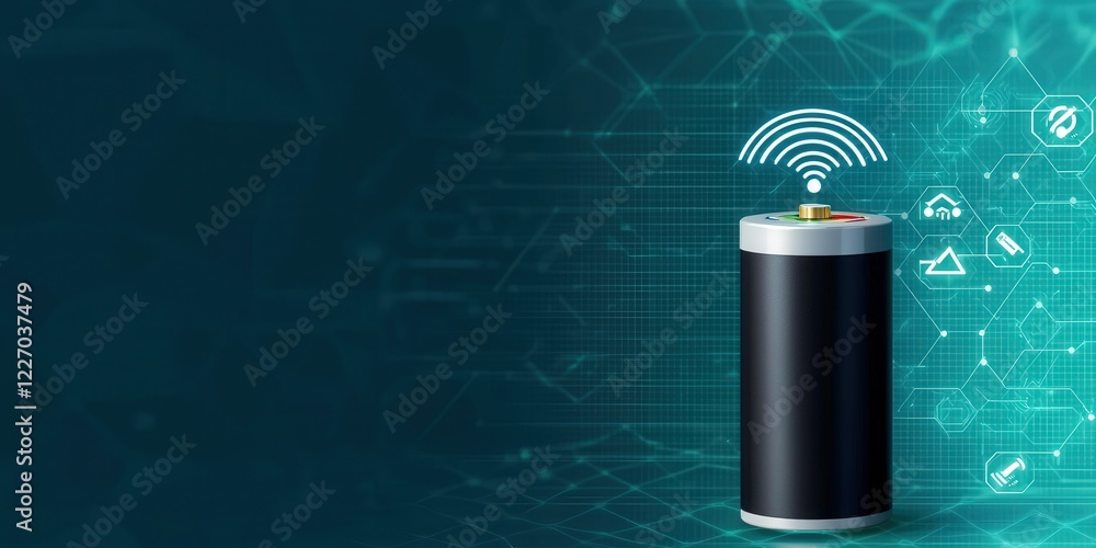 Poster battery storage innovation management concept. battery with wireless signal against a tech backgroun