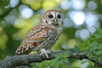 Obraz premium Barred Owl perched on a tree branch in a forest