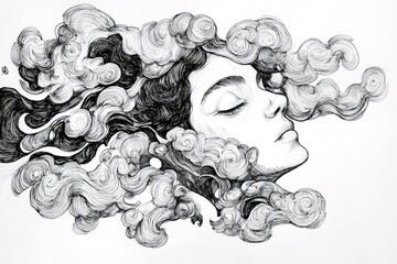 Fototapeta premium Surreal ink drawing representing a woman sleeping with closed eyes surrounded by swirling clouds, creating a dreamy atmosphere