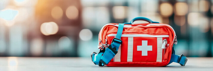 Red First-Aid Kit Bag on Table: Emergency Preparedness