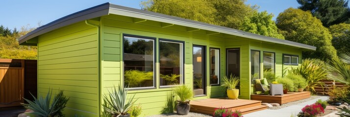 Bright green home surrounded by lush plants in a serene garden setting. Generative AI