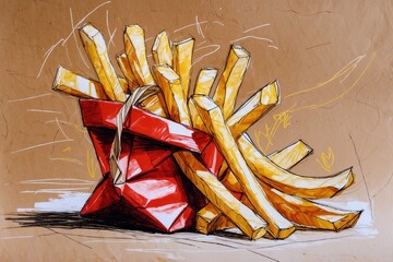 French fries drawn illustration. AI Generated.