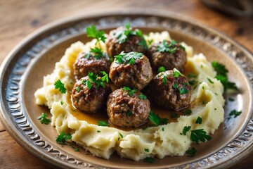 Delicious meatballs on hot potato puree. AI Generated.