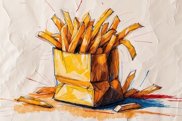 French fries in paper bag drawn illustration. AI Generated.