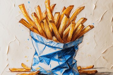 French fries in paper bag drawn illustration. AI Generated.