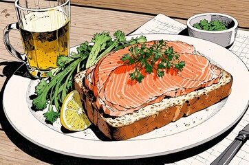 Toast with salmon, drawing. Sketching. AI Generated.