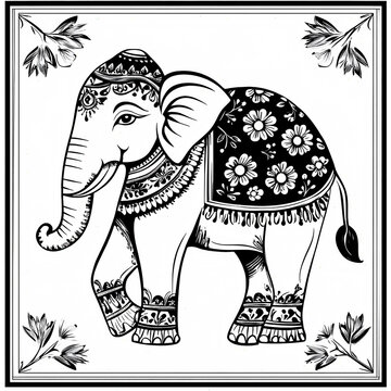 Traditional madhubani style from India black and white illustration of an elephant on a white background.