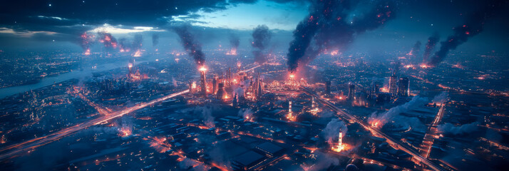 Obraz premium Nightfall Metropolis: Industrial Inferno Aerial View