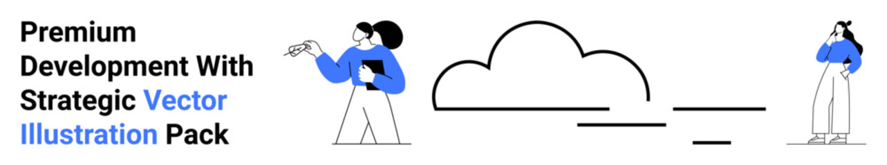 Two people collaborating, exchanging ideas with a cloud icon. Ideal for teamwork, technology, cloud solutions, innovation, software, communication, flat landing page banner