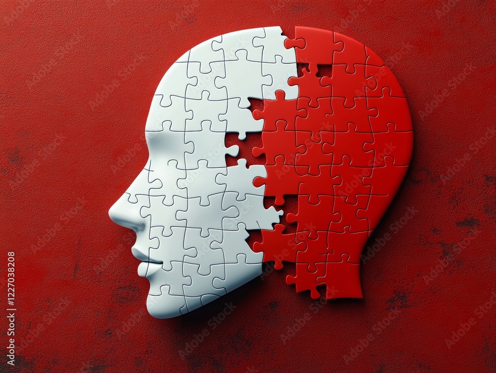 Poster puzzle of a head with a red piece missing. the puzzle is incomplete, which could symbolize the idea 
