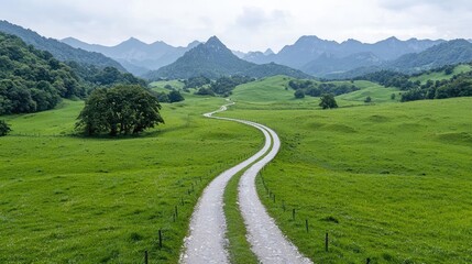 Winding road through green valley, mountains backdrop; nature travel