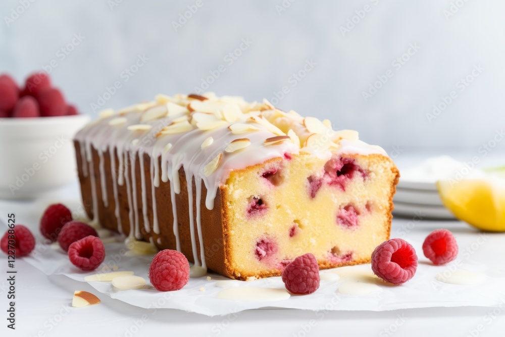 Poster lemon raspberry loaf cake with almond topping displayed on a stylish table. generative ai