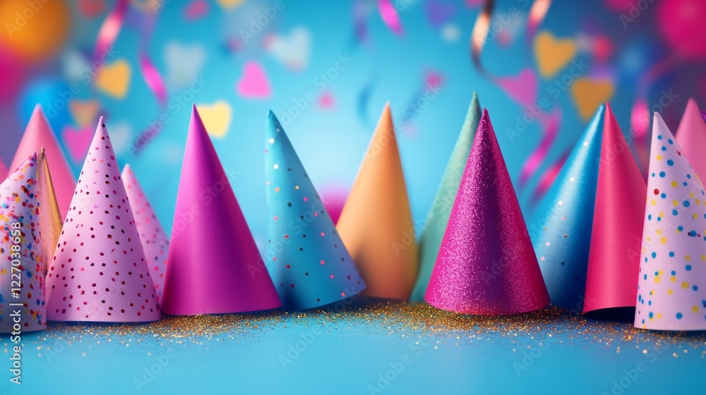 Aufkleber row of colorful party hats with gold glitter on them. the hats are arranged in a row on a blue backg